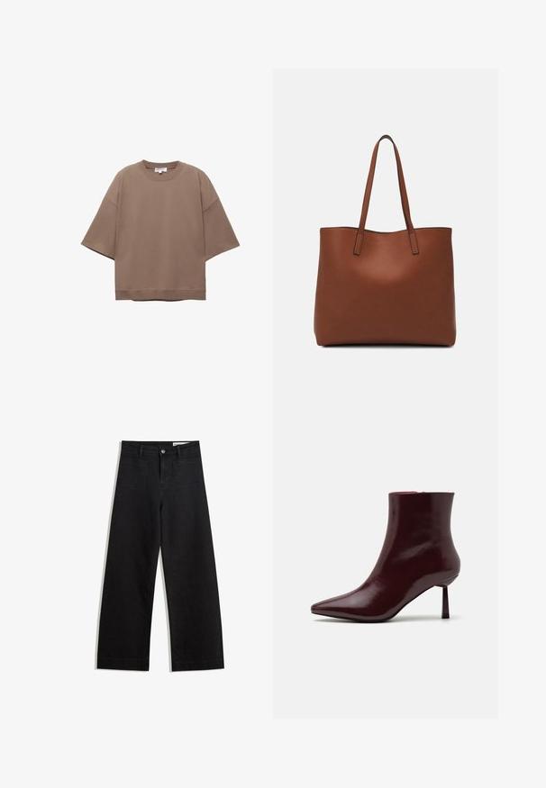 Barna, oversized póló, rövid ujjal, kerek nyakkivágással, puha pamut anyagból készült, egyszerű dizájnnal és minimális varrásokkal rendelkezik.; Fekete, bő szabású farmernadrág magas derékkal, elülső és hátsó zsebekkel, varrott felületekkel és gombos záródással. Sima textúra.; Burgundi színű, lakkozott bőrből készült bokacsizma, hegyes orral és karcsú stiletto sarokkal, sima, fényes textúrával és minimalista dizájnnal.; Barna bőr vászontáska sima textúrával, nyitott tetejű dizájnnal és két vállpánttal. Minimális varrással és látható hardver nélkül készült.