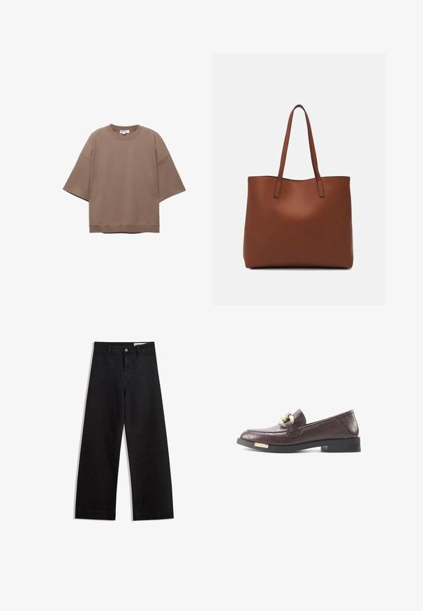 Brown oversized T-shirt, short sleeves, round neckline, made from soft cotton material, features a simple design and minimal seams.; Black wide-leg denim pants with a high waist, featuring front and back pockets, stitched seams, and a button closure. Smooth texture.; Burgundy leather loafers with a textured crocodile pattern, featuring a gold-tone hardware accent and a low, black block heel.; Brown leather tote bag with a smooth texture, open top design, and two shoulder straps. Features minimal stitching and no visible hardware.