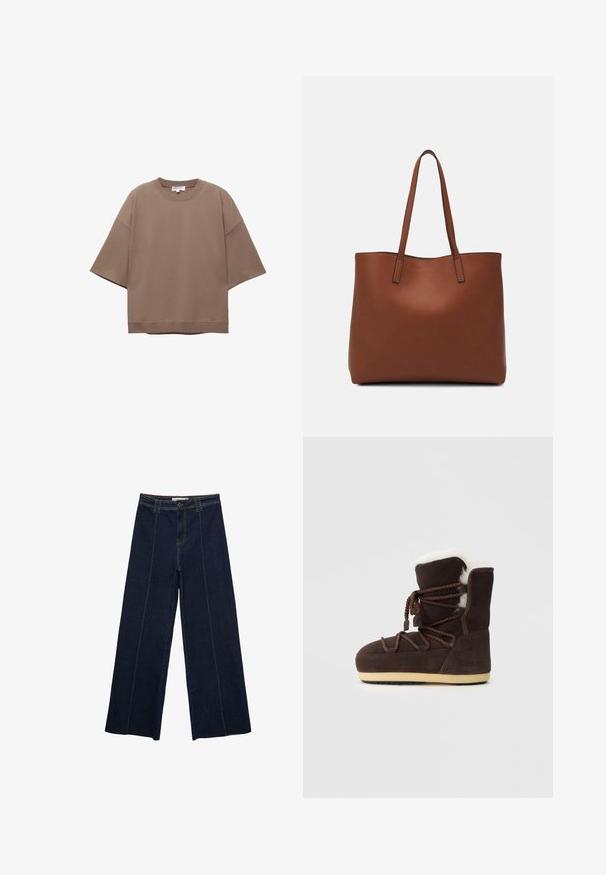 T-shirt marrone oversize, maniche corte, scollatura rotonda, realizzata in morbido cotone, presenta un design semplice e cuciture minime.; Pantaloni in denim scuro a gamba larga con cuciture a contrasto, vita alta e taglio dritto. Presentano tasche anteriori e una chiusura classica con bottone.; Stivale in suede marrone con una parte superiore in pelliccia sintetica bianca, lacci e suola in gomma color beige. Sul lato è presente il testo "MOON BOOT."; Borsa tote in pelle marrone con texture liscia, design con apertura superiore e due spallacci. Presenta cuciture minime e nessun hardware visibile.