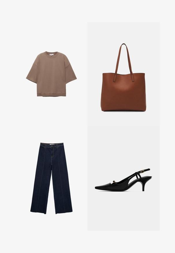 Brun oversized T-shirt, korte ærmer, rund halsudskæring, lavet af blødt bomuldsstof, har et enkelt design og minimale syninger.; Bredde ben mørke denimbukser med kontraststing, høj talje og lige pasform. Har forlommer og en klassisk knaplukning.; Sorte spidse slingback-pumper med lav bøjet hæl og lille guldfarvet spænde på forreste rem og ankelrem.; Brun læder tote taske med en glat overflade, åben topdesign og to skulderremme. Har minimal syning og ingen synlig hardware.