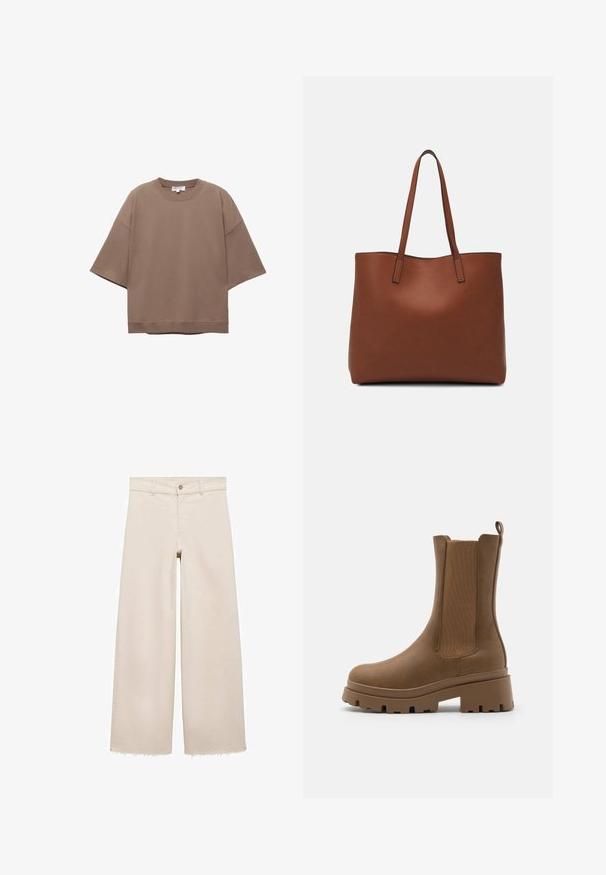 Tricou brown supradimensionat, cu mâneci scurte, decolteu rotund, realizat din material de bumbac moale, cu un design simplu și ș seamă minimă.; Jeans bej cu picioare largi și talie înaltă, cu închidere cu buton, buzunare frontale și tiv desfăcut. Fabricate din material denim.; Boots de glezna maronii cu un finisaj din piele netedă, panouri laterale elastice și o talpă groasă. Prezintă o bucată de prindere la spate pentru a facilita îmbrăcarea.; Geantă de umăr din piele maro cu o textură netedă, design cu vârf deschis și două curele pentru umăr. Prezintă cusături minime și fără componente metalice vizibile.