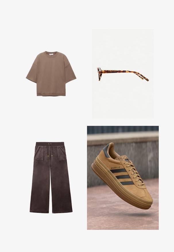T-shirt marrone oversize, maniche corte, scollatura rotonda, realizzata in morbido cotone, presenta un design semplice e cuciture minime.; Pantaloni a gamba larga marroni realizzati in un tessuto morbido, dotati di una vita elastica, cordoncino e due tasche anteriori.; Sneakers in camoscio beige con texture liscia, caratterizzati da tre strisce scure, punta arrotondata e suola più spessa con un bordo decorato.; Occhiali da sole tartarugati con una montatura spessa, tempie leggermente curve e superficie liscia. Presentano un design classico con una finitura lucida.