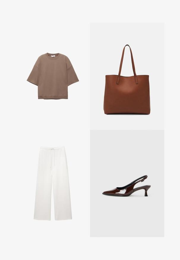Hnedé oversized tričko, krátke rukávy, okrúhly výstrih, vyrobené z mäkkého bavlneného materiálu, s jednoduchým dizajnom a minimálnymi švami.; Voľné biele nohavice s širokými nohavicami, elastickým pásom a šnúrkou, navrhnuté na neformálne nosenie.; Hnedá lakovaná slingback obuv s špicatou špičkou a mierne vysokým opätkom. Obsahuje pracku pre bezpečné upevnenie. Hladká textúra.; Hnedá kožená taška na rameno s hladkou textúrou, otvoreným vrchom a dvoma ramenými popruhmi. Má minimálne šitia a žiadne viditeľné kovania.