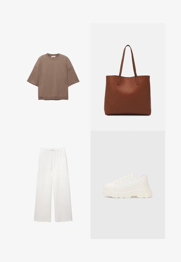 Brun oversized T-shirt, korte ærmer, rund halsudskæring, lavet af blødt bomuldsstof, har et enkelt design og minimale syninger.; Løse hvide bukser med brede ben, elastisk talje og snor, designet til afslappet brug.; Hvide lærreds sneakers med en kraftig sål, rund tå og fem snørehuller. Bagstrop for nem påtagning. Glat tekstur, minimalistisk design.; Brun læder tote taske med en glat overflade, åben topdesign og to skulderremme. Har minimal syning og ingen synlig hardware.