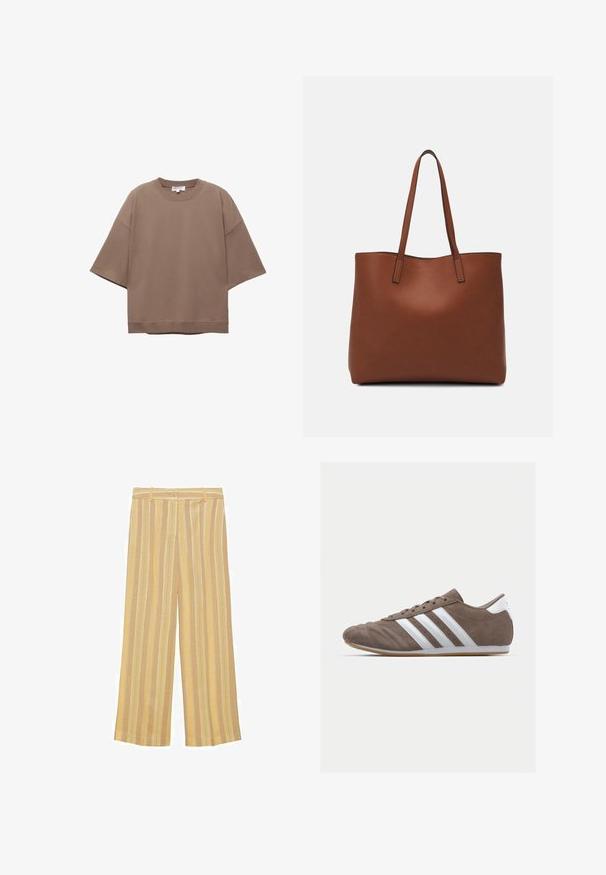 Smeđi oversized T-shirt, kratki rukavi, okrugli izrez, napravljen od mekog pamučnog materijala, sadrži jednostavan dizajn i minimalne šavove.; Žute široke hlače s prugama izrađene od teksturiranog materijala, s vertikalnim prugama različitih širina i dugmetom za zatvaranje u struku.; Smeđi zamakani sportski tenisice s bijelim prugama, okrugli vrh, vezanje, i potplat od gumene smole. Teksture gornjeg dijela s detaljima šivanja.; Smeđa kožna torba preko ramena s glatkom teksturom, otvorenim vrhom i dvjema naramenicama. Ima minimalne šavove i nema vidljivog hardvera.