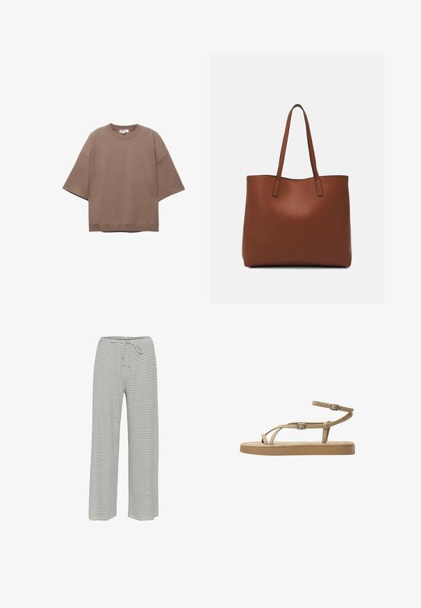 Hnedé oversized tričko, krátke rukávy, okrúhly výstrih, vyrobené z mäkkého bavlneného materiálu, s jednoduchým dizajnom a minimálnymi švami.; Čierno-biele pruhované nohavice s širokými nohavicami. Vyrobené z jemnej textílie s elastickým pásom a šnúrkou na nastaviteľný strih.; Hnedé sandále so štíhlymi popruhmi, detailom pracky a polstrovanou podrážkou. Popruhy sú vyrobené z mäkkého materiálu, navrhnuté pre pohodlie a priedušnosť.; Hnedá kožená taška na rameno s hladkou textúrou, otvoreným vrchom a dvoma ramenými popruhmi. Má minimálne šitia a žiadne viditeľné kovania.