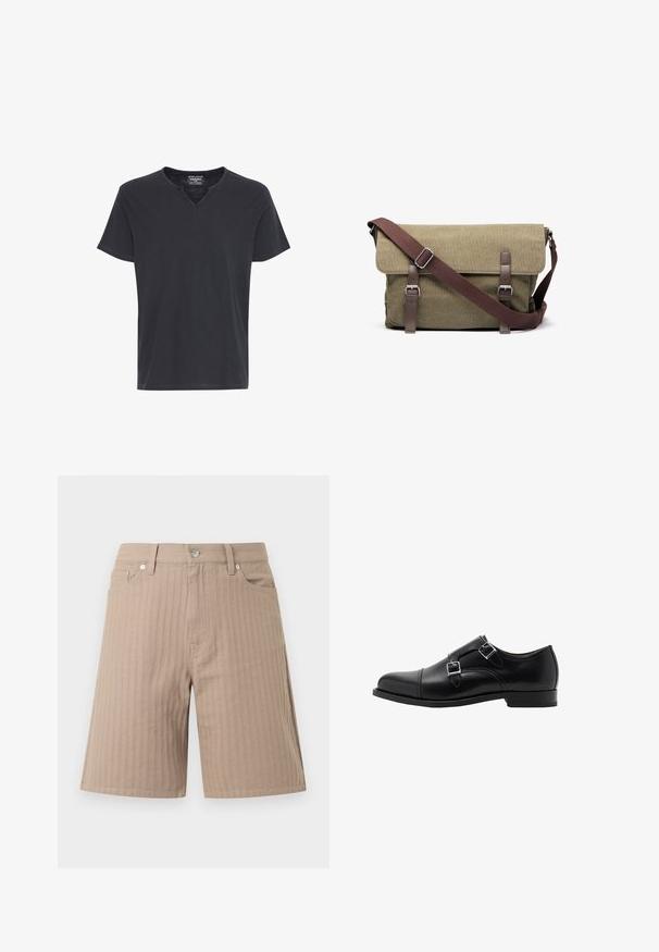 Herren T-Shirt in Dunkelgrau mit kurzen Ärmeln und V-Ausschnitt. Hergestellt aus weichem Stoff mit einer lockeren Passform und kontrastierenden Nähten entlang des Ausschnitts und der Ärmel.; Beige Shorts aus strukturiertem Stoff mit vertikalen Streifen, einem Bund mit vorderer Knopfleiste und seitlichen Taschen.; Schwarze Leder-Doppel-Monk-Schuhe mit runder Spitze und silbernen Schnallen. Die glatte Textur und der flache Absatz bieten Stabilität.; Grüne Canvas-Umhängetasche mit braunen Lederakzenten, verstellbarem Tragegurt und silberner Hardware. Klappenverschluss mit Schnallendetails.