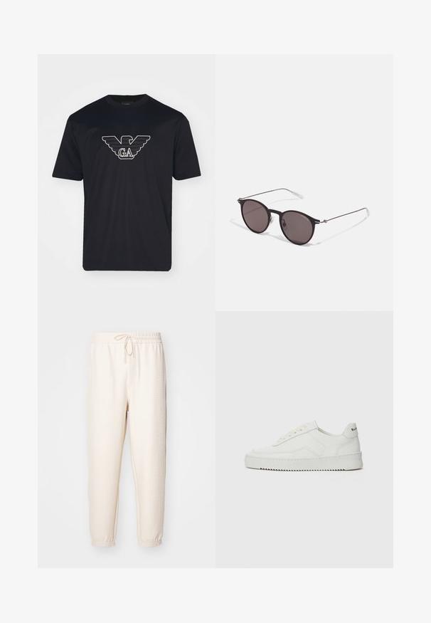 Emporio Armani T-shirts med print - black; Kremfargede joggebukser med teksturert mønster, elastisk midjebånd med snøring, og ribbede mansjetter ved anklene.; Hvite lærersneakers med en jevn overflate, rund tå, flate lisser og en teksturert såle. Har en subtil logo på hælen.; Sorte, runde solbriller med mørke linser og slanke metalarmer. Inkluderer klare temple tips og sølvfargede detaljer ved hengslet. Minimalistisk design.
