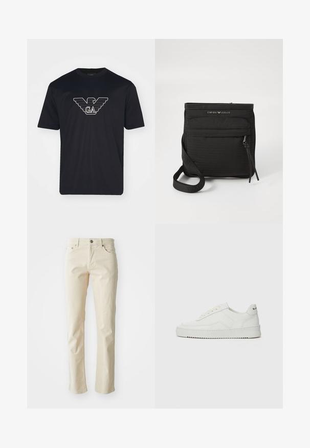 Emporio Armani Printtipaita - black; Beige puuvillalahkeet suoran lahkeen muotoilulla, joissa on klassinen viisi-taskuinen tyyli ja metallinappisuljenta. Sileä pinta, ei kuvioita.; Valkoinen nahkakenkä, jossa on sileä pinta, pyöreä kärki, tasaiset nauhat ja teksturoitu pohja. Sisältää huomaamattoman logon kantapäässä.; Musta Emporio Armani olkalaukku etutaskulla, säädettävällä hihnalla ja logo-yksityiskohdalla purrtussa kankaan pinnassa.