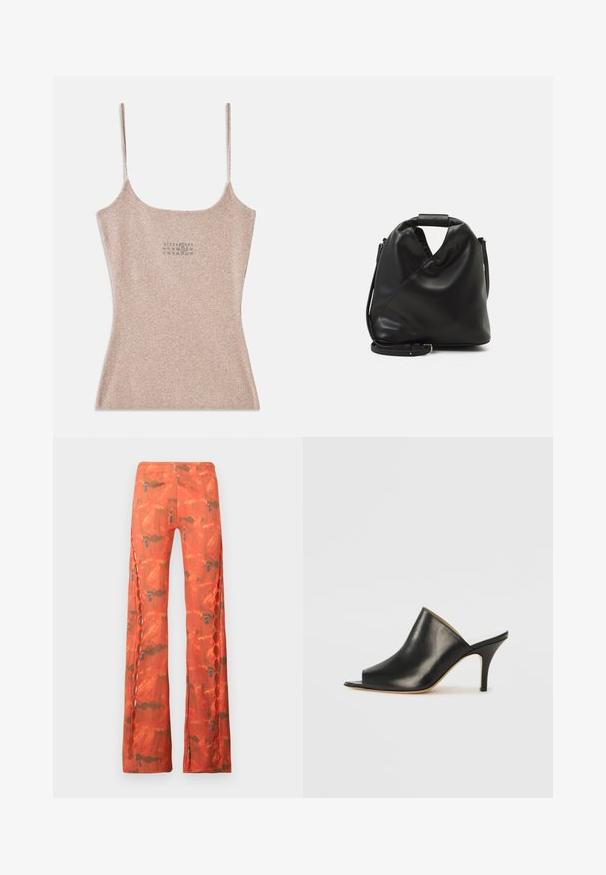 Ribota, beiga tērpiņa ar plānām regulējamām siksniņām. Ar kvadrātveida kakla izgriezumu un nelielu drukātu detaļu tuvu centram.; Platu piegriezuma bikses dzīvīgā oranžā krāsā ar abstraktu rakstu. Tās ir ar izgriezuma detaļām sānos un dekoratīvām metāla rotājumam.; Melna ādas atvērta pirksta mule ar elegantu, izliekta dizaina, augstu stiletto papēdi un gludu tekstūru. Iekšpusei ir kontrastējoša gaiša krāsa.; Melnas, mīkstas ādas soma ar unikālu savērptu dizainu. Iespējo īsu rokturi un noņemamu plecu siksnu. Minimalistisks stils.