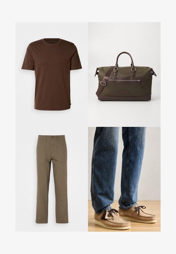 Brun bomull T-skjorte med korte ermer, rund hals, og en liten brodert logo på brystet. Glatt tekstur og vanlig passform.; Khaki bomullsbukser med rett ben-design, som har to frontlommer, knappelukking og en jevn tekstur.; Suedes mokasiner i tan med mørkebrune detaljer, rund tå og myk hvit såle. Har snøring og sømdetaljer.; Canvas duffel bag i olivengrønn med brune lærdetaljer, med doble håndtak, en avtagbar skulderreim og en frontlomme med glidelås.