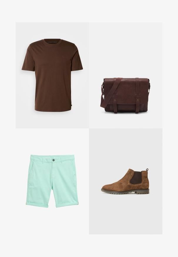Bruine katoenen t-shirt met korte mouwen, ronde hals en een klein geborduurd logo op de borst. Gestructureerde textuur en normale pasvorm.; Lichtgroene shorts gemaakt van lichtgewicht stof, met een knoopsluiting, twee achterzakken en opgerolde mouwen voor een ontspannen pasvorm.; Bruine suède Chelsea-boot met elastische zijpanelen, een trekhaak en een getextureerde rubberen zool met groeven voor extra grip.; Bruine lederen schoudertas met een platte voorflap, twee banden, gouden hardware-accenten en een verstelbare schouderband.