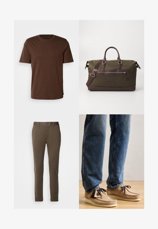 Ruskea puuvillainen t-paita, jossa on lyhyet hihat, pyöreä kaula-aukko ja pieni brodeerattu logo rinnassa. Sileä kangas ja normaali istuvuus.; Ruske slim-fit hlače izrađene od glatkog materijala, s kopčanjem na gumb i petljama za remen, jednostavnog dizajna i ravnog kroja.; Tumma ruskeita mokkasiineja, joissa on vaalea beige väri, pyöreä kärki ja pehmeä valkoinen pohja. Varustettu nauhakiinnityksellä ja ompelutiedoilla.; Kangasduffeli oliivinvihreänä, jossa on ruskeat nahkaosat. Varustettu kaksilla kahvoilla, irrotettavalla olkahihnalla ja edessä vetoketjullisella taskulla.