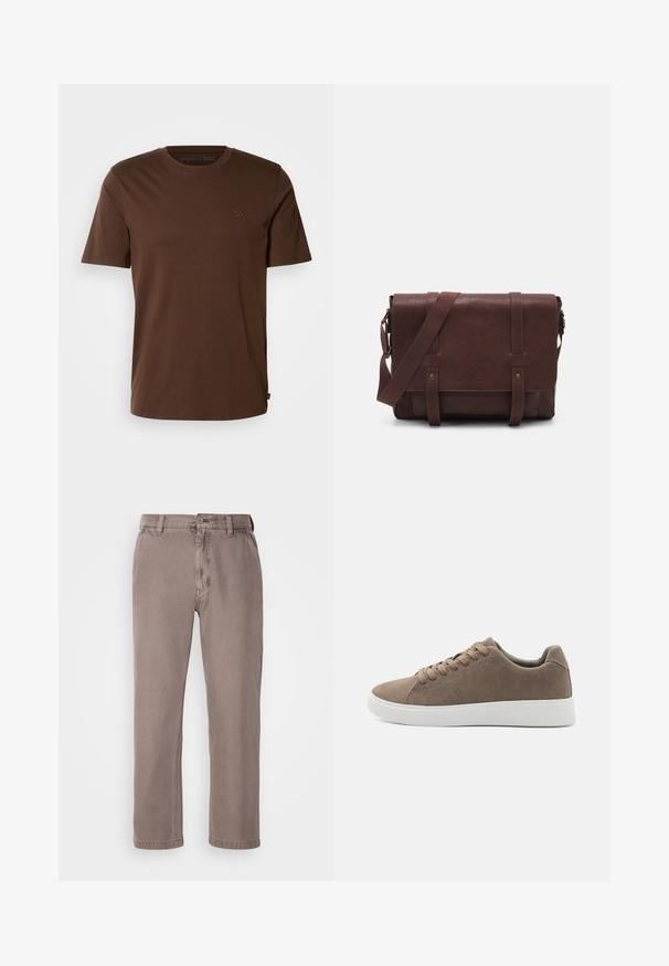 Bruine katoenen t-shirt met korte mouwen, ronde hals en een klein geborduurd logo op de borst. Gestructureerde textuur en normale pasvorm.; Bruine, rechte broek gemaakt van een zachte katoenmix. Kenmerkt zich door een knoopsluiting, ceintuurlussen en zijzakken. Minimalistisch ontwerp.; Bruine suède sneakers met platte witte rubberen zolen, vetersluiting, ronde neus en een gladde textuur. Minimalistische stijl met subtiele stikdetails.; Bruine lederen schoudertas met een platte voorflap, twee banden, gouden hardware-accenten en een verstelbare schouderband.