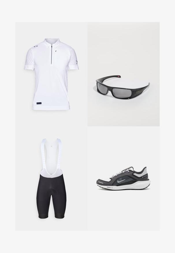 Balta trumpų rankovių polo marškinėliai su užtrauktuku kaklo srityje, pagaminti iš lygios medžiagos, su logo kairėje peties pusėje ir akcentais ant rankovių.; Juodi dviratininko šortai su kaukšlėmis, turintys baltas tinklinės petnešas, lygią tekstūrą, paminkštintą sėdimosios vietos zoną ir aptemptą formą aerodinaminiam dizainui.; Juodas ir pilkas sportinis batelis su tinkleliu viršuje, atspindinčiais akcentais ir balta vidurinė dalimi. Yra tekstūruota guminė išorinė pada ir raišteliai.; Juodos Oakley apvalios saulės akinių su tamsiais stačiakampiais objektyvais ir kreivomis rankenomis ant paprasto balto fono.