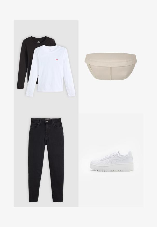 Dwie koszulki z długim rękawem: jedna czarna, a druga biała, obie wykonane z bawełny, z okrągłymi dekoltami. Każda z nich ma małe czerwone logo na piersi.; Czarne dopasowane dżinsy z zapięciem na guzik i zamek, pięć kieszeni i szlufki na pasek na jasnoszarym tle.; Białe sneakersy na platformie o gładkiej skórzanej fakturze, z perforowanymi detalami i płaskimi sznurowadłami; mają grube białe gumowe podeszwy.; Beżowa torba o zaokrąglonym kształcie, z płaskim wierzchem i subtelnymi szwami. Zawiera minimalistyczne logo oraz boczny pasek.