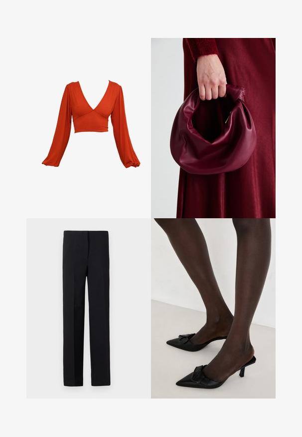 Sarkans garām piedurknēm cropped top ar dziļu V-veida kaklu un plandīgām piedurkņām. Izgatavots no mīksta, elastīga auduma ar gludu faktūru. Nav redzamu rakstu.; Melnas šuves bikses ar taisnu griezumu, ar gludu tekstūru un bez redzamām apdrukām. Standarta jostasvieta un tīrs apdare.; Melnas smailes mules, izgatavotas no gludas ādas, ar loku akcentu uz priekšpuses un īsu, slaidu papēdi.; Burgundijas ādas rokassoma ar mīkstu, sakrautu dizainu un apaļu formu. Rokturi ir nostiprināti, parādot gludu tekstūru.