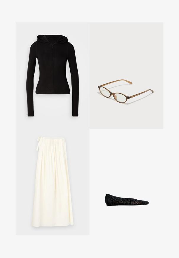 Schwarzes, langärmliges Kapuzenshirt mit einem Frontreißverschluss. Aus einem glatten Stoff gefertigt, figurbetontes Design und minimalistischem Detail. Abgerundeter Saum am unteren Ende.; Langer, cremefarbener Rock aus leichtem Stoff; verfügt über einen elastischen Bund mit Kordel und ein fließendes Design mit minimaler Textur.; Schwarze gehäkelte Ballerinas mit spitzer Zehe, ausgestattet mit einer geflochtenen Textur und einer dezenten Innenauskleidung, die für Komfort und Atmungsaktivität sorgt.; Braune Schildpatt-Brille mit ovalen Gläsern, dünnen Bügeln und transparenten Akzenten. Verfügt über ein dezentes Logo am Bügel. Elegantes, leichtes Design.
