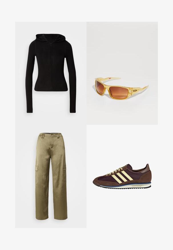 Zwarte lange mouwen hoodie met een rits aan de voorkant. Gemaakt van een gladde stof, uitgevoerd met een aansluitende pasvorm en minimalistische details. Ronde zoom aan de onderkant.; Olijfgroene cargo broeken met een wijde pijpdesign, voorzien van twee zijzakken, een gestructureerde stof en een aansluitende tailleband met riemlussen.; Bruine en bordeauxkleurige sneaker van suede en mesh materiaal, met drie crèmekleurige strepen, een gemêleerd stof op de tong en een rubberen zool.; Geelgetinte zonnebril met rechthoekige bruine lenzen, voorzien van een gestructureerd montuur en hoekige veren met logo-accenten.; YOURTURN UNISEX - Rugzak - black