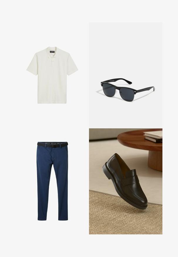 Witte polo shirt van textuurstof, met een klassieke kraag, een knoopsluiting met drie knopen en korte mouwen.; Marineblauwe broek van een gladde stof, met een rechte voorkant, zijzakken en een zwarte riem met een vierkante gesp.; Zwarte leren loafers met een gladde afwerking, een ronde neus en een decoratieve band over de bovenkant. Lage rubberen hak, geplaatst tegen een gestructureerde ondergrond.; Zwarte zonnebril met een rechthoekige vorm, donkere lenzen, zilveren accenten bij de slapen en een matte afwerking op het montuur.