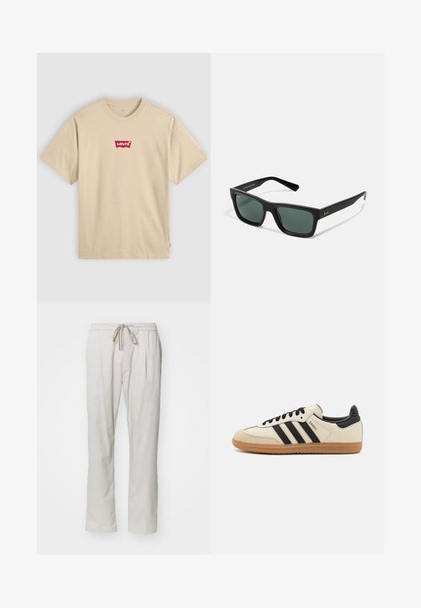 T-shirt en coton beige avec un col rond et des manches courtes. Présente un logo rouge Levi's sur la poitrine. Coupe simple et classique.; Pantalons légers beige clair, avec une taille élastique et un cordon de serrage. Comprend deux poches latérales et une coupe droite.; Baskets de sport beiges avec des rayures noires, semelle en caoutchouc gomme et accents noirs. Elles présentent un dessus en cuir lisse et un design de bout arrondi.; Lunettes de soleil rectangulaires noires avec des verres verts, dotées d'une finition mate, de branches droites et du logo Ray-Ban sur le côté.