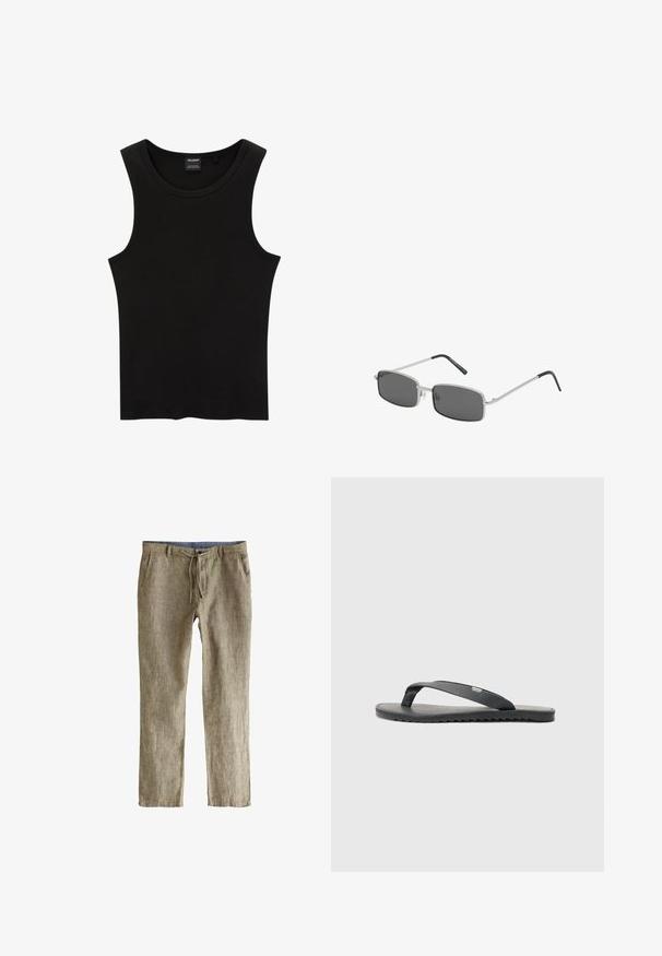 Black ribbed tank top with a round neckline and wide armholes, made from a soft, stretchable fabric. Label: Pull&Bear.; Linen blend trousers, light brown with a textured finish, featuring a drawstring waistband and side pockets. Lightweight and straight-cut design.; Black flip-flop with textured straps, flat sole, and serrated edge. Made of rubber with a smooth finish and minimalist design.; Rectangle-shaped sunglasses with dark gray lenses, thin silver metal frame, and black rubber-coated temple tips. Minimalist design.; Black leather strap watch with a round silver case, gray dial, white Roman numerals, and date display for Wednesday.; Silver necklace with a rectangular pendant, featuring a textured surface. Adjustable chain with small round links and a tag accent.