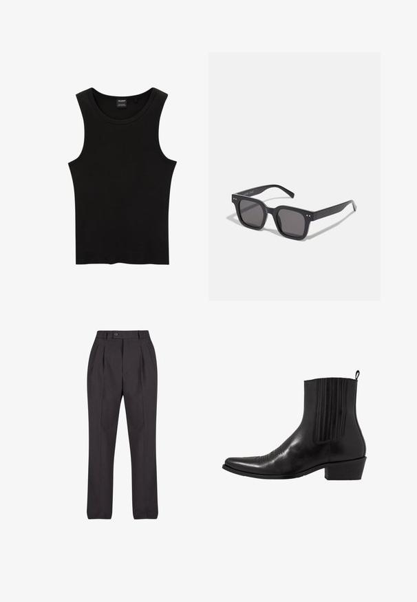 Fekete bordázott ujjatlan felső kerek nyakkivágással és széles karmegnyitókkal, puha, rugalmas anyagból készült. Címke: Pull&Bear.; Fekete, sima anyagból készült szabott nadrág, elöl redőzött, egy gombos záródással, egyenes szárakkal, látható minták nélkül.; Fekete bőr ankle boot, hegyes orral, rugalmas oldalpanellel, függőleges varrásokkal és alacsony blokk sarokkal.; Fekete téglalap alakú napszemüveg sötét lencsékkel, vastag kerettel, finom díszítésekkel az oldalán, és a márkanevet leszámítva látható logók nélkül.