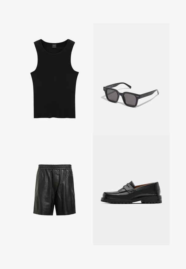 Sort ribbet tanktop med rund halsudskæring og brede ærmegab, lavet af en blød, strækbar stof. Mærke: Pull&Bear.; Sorte lædershorts med elastisk talje, der har en glat overflade og en afslappet pasform. Ingen synlige lommer eller udsmykninger.; Sorte læder loafers har en forhøjet søm, to dekorative remme på overdelen og en tyk struktureret sål for bedre greb.; Sorte rektangulære solbriller med mørke linser, der har en tyk ramme, subtile detaljer på siderne og uden synlige logoer udover mærkenavnet.; Sort nylon tote med teksturerede stropper, der viser præget branding. Tasken har en lynlåslukning og en blød, mat overflade.; Sort kvartsur med et sølv rustfrit stålkabinet, minimalistisk urskive og sort læderrem med krokodillemønster.; Sort lavasten armbånd med runde perler med en struktureret overflade, suppleret med en lille metallisk rektangulær detalje.