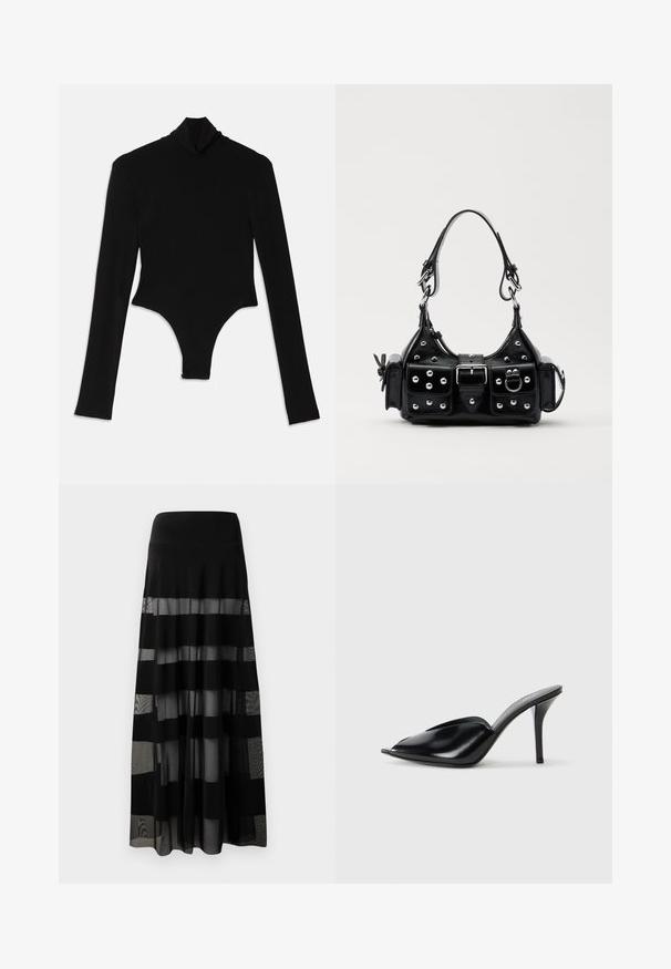 Black long-sleeve bodysuit made from stretchy fabric, featuring a high mock neck and a fitted design with a thong bottom.; Black maxi skirt with a fitted waistband, featuring sheer panels and opaque stripes. Lightweight fabric with a smooth texture.; Black leather high-heeled mules with an open toe, pointed design, smooth texture, and a slim stiletto heel.; Black leather handbag with a curved design, featuring silver studs, a buckle, and two side pockets. Adjustable strap for carrying options.