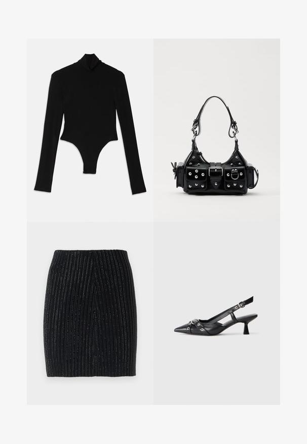 Must-havesis musta päris pikka varrukaga bodysuit, mis on valmistatud venivast kangast. Sellel on kõrge mock kaelus ja istuv disain, millel on stringi stiilis alumine osa.; Must prahtud miniseelik vertikaalsete soonte ja peente metallniitidega. Omab keha järgivat disaini ning keskel on taga lõhik, mis tagab liikumisvabaduse.; Must must have must toote tõmblukuga, dekoratiivsed rihmad metallist silmadega ja madal blokk-kand. Tekstureeritud pind.; Must värvi nahast käekott, millel on kaarjas disain, hõbedased nupukesed, kinnitusahe ja kaks külgtaskut. Reguleeritav rihm erinevate kandmisvõimaluste jaoks.