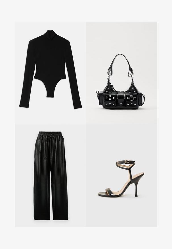 Body lungo nero realizzato in tessuto elasticizzato, con collo alto e design aderente con fondo a perizoma.; Pantaloni ampi in pelle nera con vita elastica, dotati di due tasche laterali e una texture liscia e lucida.; Sandalo alto in vernice nera con sottile cinturino alla caviglia e fibbia, open toe e sottile tacco a stiletto su sfondo bianco.; Borsa a mano in pelle nera con design curvo, caratterizzata da borchie argentate, una fibbia e due tasche laterali. Tracolla regolabile per diverse opzioni di trasporto.