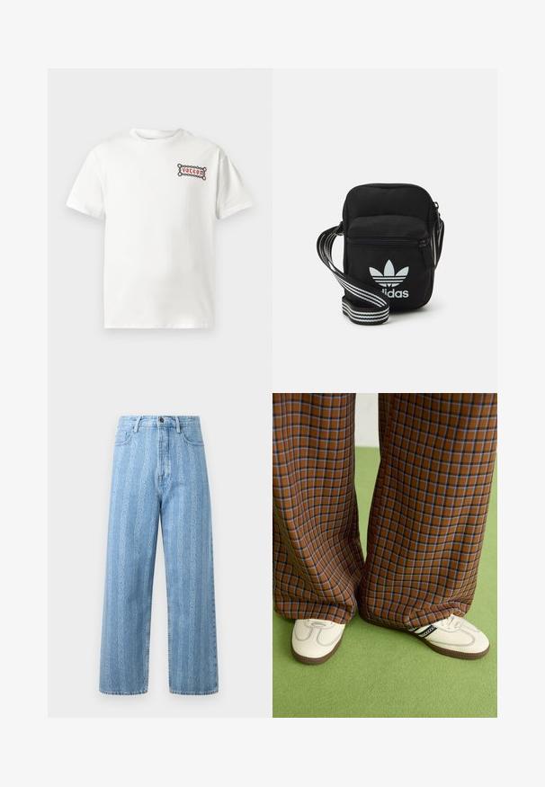 Bijela pamučna majica s kratkim rukavima koja sadrži mali crveni izvezeni logotip "Volcom" okružen dekorativnim obrubom. Okrugli izrez.; Svijetloplave traperice širokog kroja s ponavljajućim uzorkom lančane veze. Klasični stil s pet džepova i metalni gumb kao detalj.; Smeđe i plave karirane široke hlače uparene s bijelim cipelama s crnim akcentima i teksturiranim potplatom, na zelenoj pozadini.; Crna crossover torba od tkanine sa zatvaračem, sa bijelim Adidas logotipom i prugastim podešivim remenom za lako nošenje.