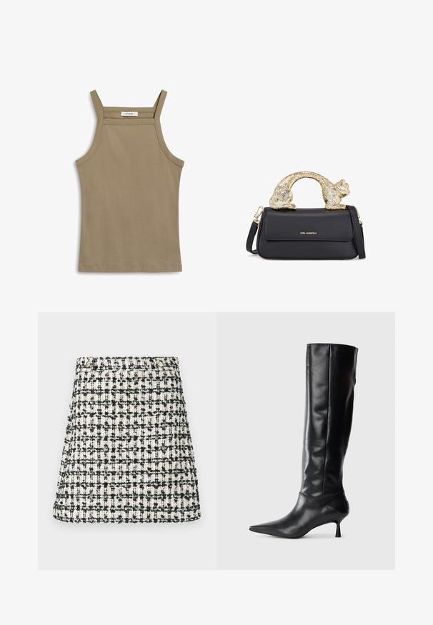 Khaki-Trägershirt mit dünnen Schulterträgern, gerippter Textur und geradem Saum. Das Etikett trägt die Aufschrift "IVY OAK" am Kragen.; Gewebter Rock im beigen und schwarzen Tweedmuster. Gerader Schnitt mit leicht ausgestelltem Saum. Verfügt über einen Bund mit Knopfdetail.; Schwarze Lederstiefel bis zum Knie mit spitzem Zehenbereich und schmalem, geschwungenem Absatz. Glatte Textur, enganliegendes Design und keine sichtbaren Beschläge oder Muster.; Schwarze Ledertasche mit einem goldenen katzenförmigen Griff, ausgestattet mit einem vorderen Klappenverschluss, einem verstellbaren Trageriemen und einem Logodetail auf der unteren Vorderseite.
