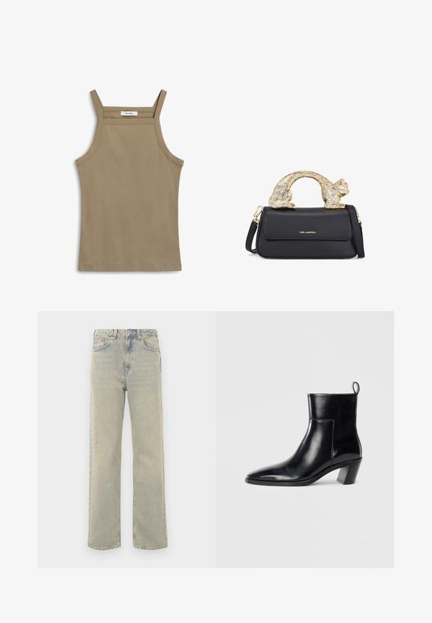 Khaki värvi tank top õhukeste õlavarre rihmadega, ribatud tekstuuriga ja sirge servaga. Sildil on ka kirjutatud "IVY OAK" krae juures.; Helehall denim laiad püksid helesinises toonis, millel on kulunud viimistlus, kaunistatud hõbedaste nupukestega, mis on paigutatud ringikujuliste mustritega esiosale.; Must musta saapad terava nina, geomeetrilise kuuega ja tagaküljel tõmberaudaga. Sile tekstuur ja läikiv disain.; Must või voodri tasku ja kuldne kassi kujuline käepide, millel on esine klapp, reguleeritav rihm ja logodetail alumisel ees.