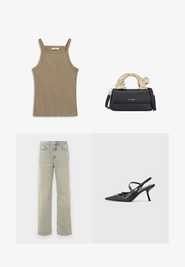 Kaki tank topp med tynne skulderstropper, ribbet tekstur og rett fald. Merket leser "IVY OAK" ved halsen.; Lyseblå denim vidbukser med en falmet finish, pyntet med sølvnitter ordnet i cirkulære mønstre på fronten.; Sorte skinn slingback-hæler med spiss tå, slank hæl og dekorativ spenne detalj på vampsiden. Glatt tekstur og stilrent design.; Svart lærveske med et gullfarget kattformet håndtak, med en frontklaff, justerbar stropp og logo detalj på den nedre fronten.