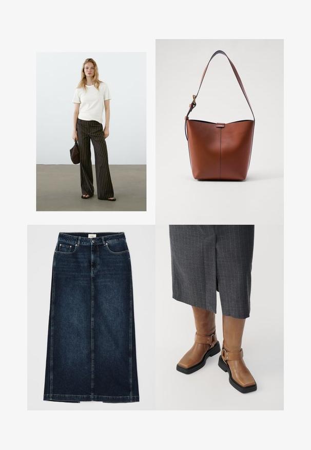 T-shirt a girocollo color beige chiaro abbinato a pantaloni larghi a righe scure. Accessoriato con una borsa nera di perline e sandali flat. Texture liscia.; Gonna in denim scuro con forma dritta, lunghezza al ginocchio. Presenta tasche frontali, chiusura con zip e dettagli di cucitura discreti lungo le cuciture.; Stivali alti fino al ginocchio in pelle marrone con punta quadrata, suola in gomma nera e dettaglio con cinturino regolabile. Indossati con una gonna grigia a righe.; Borsa a spalla in pelle marrone con forma curvata, texture liscia e una sottile tracolla. Presenta una cucitura discreta e un piccolo dettaglio con logo.