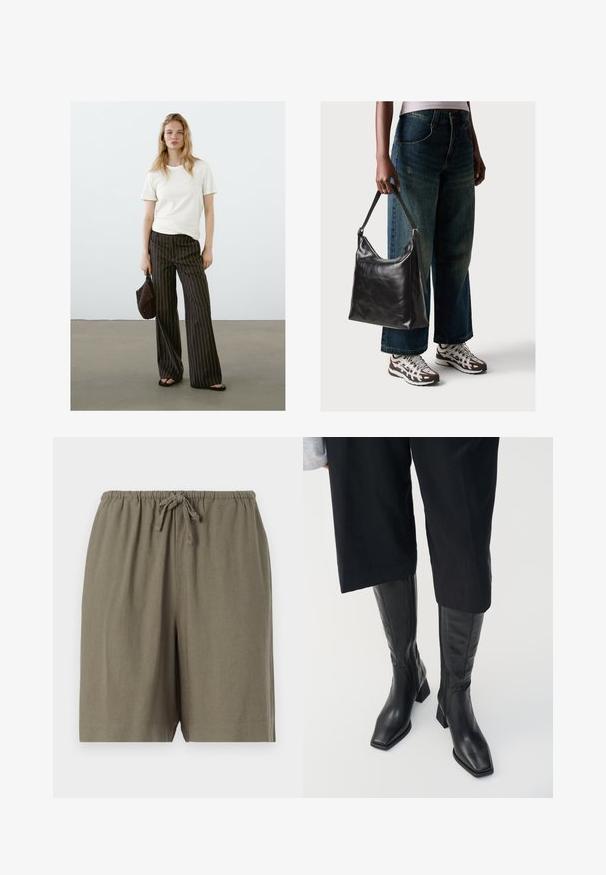 Ljus beige T-shirt med rundad hals i kombination med mörka randiga vida byxor. Accessoarer inkluderar en svart pärlhandväska och platta sandaler. Slät textur.; Kaki shorts i lättviktig tyg. Har en elastisk midja med dragsko och en avslappnad passform. Enkelt, enfärgat design.; Svarta läderknähöga stövlar med fyrkantig tå och blockklack. Har en siddragkedja och slät textur.; Svart läderaxelväska med en slät yta och justerbar rem, i kombination med urtvättade vida jeans och sportiga sneakers.