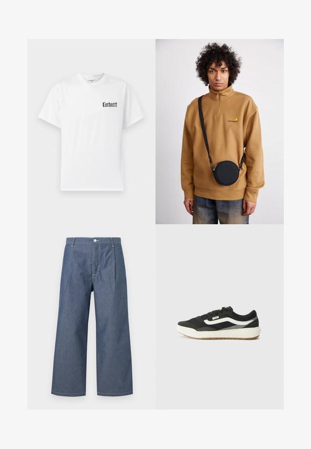 Witte katoenen T-shirt met korte mouwen, voorzien van een zwart "Carhartt" logo op de linkerborst in een gestileerd lettertype.; Lichte spijkerbroek in een donkerblauwe tint, met hoge taille, wijde benen, plooien aan de voorkant en een knoopsluiting.; Zwarte sneakers met witte accenten, voorzien van een gladde synthetische bovenkant, ronde vorm en een rubberen zool, gecombineerd met lichtbeige broek.; Bruine fleece sweatshirt met kwart rits en geborduurd logo, met een zwarte ronde crossbody tas met rits en logo detail, gedragen over denim.