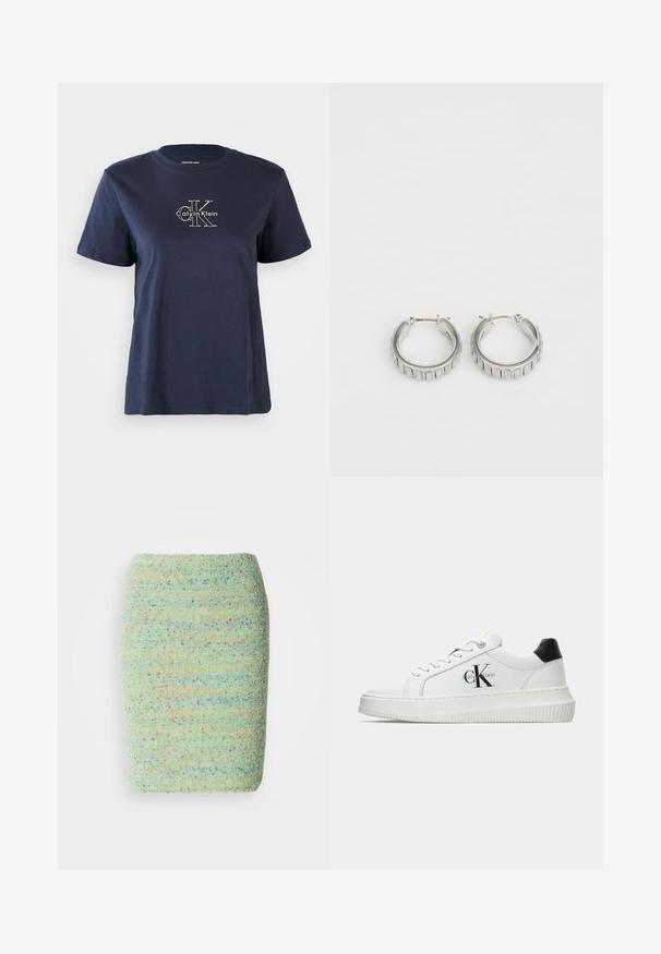 Mornarsko modra bombažna majica s kratkimi rokavi, z majhnim belim logotipom "Calvin Klein" na sprednji strani. Okrogel izrez, sproščen kroj.; Krila do kolen izdelana iz teksturirane, pike strukture tkanine v pastelno zeleni barvi z odtenki modre, oranžne in vijolične.; Bele nizke superge z črnim hrbtnim delom, platformo, vezalkami in Calvin Klein "CK" logotipom na strani.; Srebrni obroči s teksturiranim dizajnom, ki vsebuje navpične rebraste vzorce. Krožna oblika z varnim zapiranjem na zaponko. Gladek zaključek.