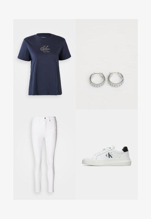 Camiseta de algodón azul marino con mangas cortas, que presenta un pequeño logo blanco de "Calvin Klein" en el centro frontal. Cuello redondo, ajuste casual.; Jeans skinny de mezclilla blanca con cintura alta, que cuentan con un cierre frontal de botón y cremallera, y cinco bolsillos. Textura suave, diseño ajustado.; Zapatilla baja blanca con talón negro, suela de plataforma, cordones y logotipo "CK" de Calvin Klein en el lado.; Pendientes de aro plateados con un diseño texturizado que presenta estrías verticales. Forma circular con un cierre de seguridad. Acabado suave.