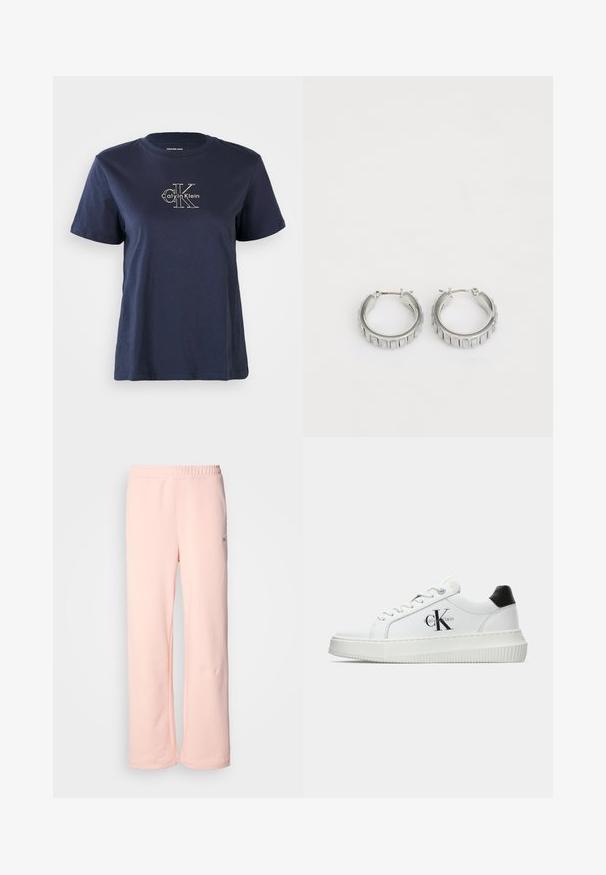 Námornícky modré bavlnené tričko s krátkymi rukávmi, s malým bielym logom "Calvin Klein" v strede prednej časti. Krúžkový výstrih, voľný strih.; Ružové bavlnené tepláky so širokým strihom, elastickým pásom a minimálnymi švovými detailmi. Obsahujú malú logovú nášivku na boku.; Biele nízke tenisky s čiernym pätkovým dielom, platformovou podrážkou, šnúrkami a logom "CK" značky Calvin Klein na boku.; Strieborné kruhové náušnice s textúrovaným dizajnom, ktorý obsahuje vertikálne ryhy. Obdĺžnikový tvar so zabezpečovacím uzáverom. Hladký povrch.