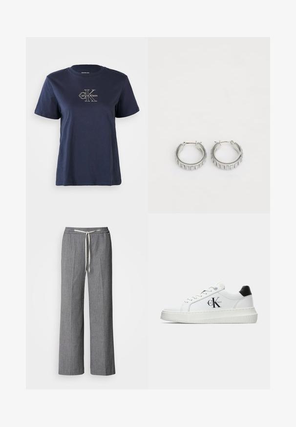 Navyblaue Baumwoll-T-Shirt mit kurzen Ärmeln, das auf der Vorderseite ein kleines weißes "Calvin Klein"-Logo in der Mitte trägt. Rundhalsausschnitt, lässige Passform.; Grau gestreifte, weit geschnittene Hose aus strukturiertem Stoff. Sie verfügt über einen elastischen Bund mit einer kremfarbigen Zugkordel.; Weiße Low-Top-Sneaker mit schwarzem Fersenpatch, Plateau-Sohle, Schnürsenkeln und Calvin Klein "CK"-Logo an der Seite.; Silberne Creolen mit texturiertem Design und vertikalen Rillen. Kreisförmige Form mit sicherem Verschluss. Glatte Oberfläche.