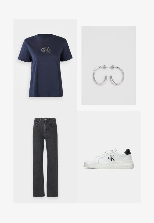 Jūras zila kokvilnas T-krekls ar īsām piedurknēm, centrā priekšā ar mazu baltu "Calvin Klein" logo. Apaļš izgriezums, brīvs piegriezums.; Melni taisni džinsi, izgatavoti no denima, ar augstu jostasvietu, piecām kabatām, tonalām šuvēm un vieglu izbalējuma tekstūru priekšpusē.; Baltā zema topa sporta apavas ar melnu papēža cilni, platformas zoli, auklēm un Calvin Klein "CK" logo sānos.; Sudraba riņķveida auskari ar gludu, spīdīgu apdari. Apaļas formas, viegla dizaina, ar aizdari uz stieples.