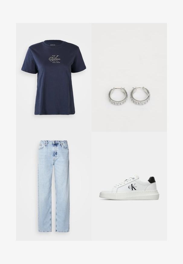 Jūras zila kokvilnas T-krekls ar īsām piedurknēm, centrā priekšā ar mazu baltu "Calvin Klein" logo. Apaļš izgriezums, brīvs piegriezums.; Gaiši zilas platās kājas džinsi, izgatavoti no denima, ar augstu jostas vietu, izbalinātu krāsu un smalku krāsošanas rakstu priekšpusē.; Baltā zema topa sporta apavas ar melnu papēža cilni, platformas zoli, auklēm un Calvin Klein "CK" logo sānos.; Sudraba gredzena auskari ar faktūras dizainu, kas ietver vertikālas rievas. Apaļa forma ar drošu aizdari. Gluda apdare.