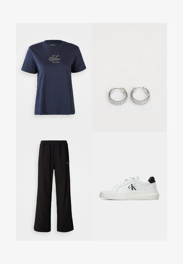 Mornarice plava pamučna majica s kratkim rukavima, s malim bijelim logotipom "Calvin Klein" na sredini prednje strane. Kružni izrez, ležeran kroj.; Crne trenirke s opuštenim krojem, elastičnom trakom u struku i bočnim džepovima. Izrađene od mekog materijala s glatkom teksturom.; Bijeli niskotoperani tenisice s crnom petom, platformom, vezicama i "CK" logotipom Calvin Kleina sa strane.; Srebrne naušnice na obruče s teksturiranim dizajnom koji sadrži vertikalne rebra. Okrugli oblik s sigurnim zatvaranjem. Glatka završna obrada.