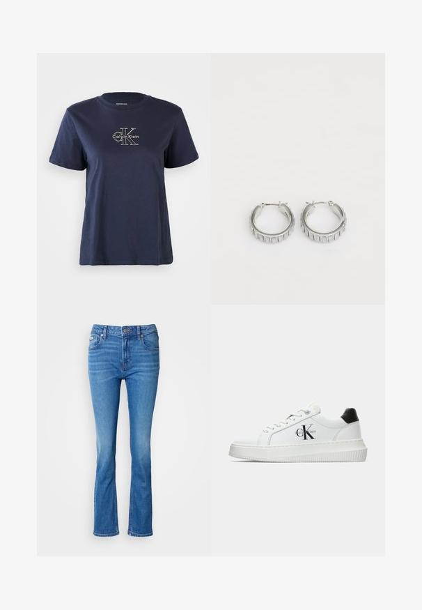 T-shirt de algodão azul-marinho com mangas curtas, apresentando um pequeno logótipo branco "Calvin Klein" no centro da frente. Decote redondo, ajuste casual.; Jeans de ganga azuis em formato flared com uma cintura média, apresentando um design clássico de cinco bolsos e uma ligeira textura desbotada nos joelhos.; Sapatilhas brancas de cano baixo com aba preta no calcanhar, sola tipo plataforma, cordões e logo "CK" da Calvin Klein na lateral.; Brincos em argola prateados com um design texturizado que apresenta sulcos verticais. Forma circular com um fecho de segurança. Acabamento suave.