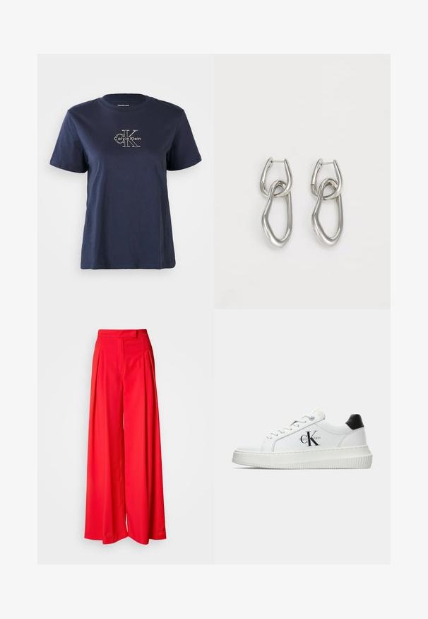 Marinblå bomullströja med korta ärmar, med en liten vit "Calvin Klein"-logotyp i centrum fram. Rund halsringning, avslappnad passform.; Röda vida byxor i slätt tyg, med framveck och en platt midjeresår samt en skräddarsydd passform. Designen framhäver en flytande silhuett.; Vit lågtopp sneakers med svart hälflik, platåsål, snörning och Calvin Klein "CK" logotyp på sidan.; Calvin Klein STATEMENT LINKS - Örhänge - silver-coloured