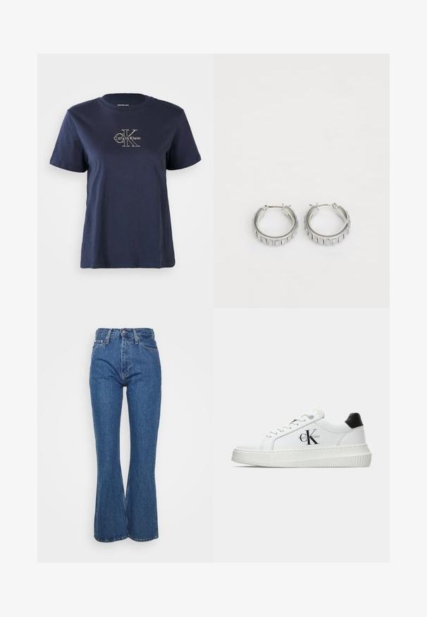 Námornícky modré bavlnené tričko s krátkymi rukávmi, s malým bielym logom "Calvin Klein" v strede prednej časti. Krúžkový výstrih, voľný strih.; Svetlomodré džínsy s vysokým pásom a rozšíreným strihom, klasickým piatimi vreckami a jemným vyblednutím, so pevným pásom a kovovým gombíkom.; Biele nízke tenisky s čiernym pätkovým dielom, platformovou podrážkou, šnúrkami a logom "CK" značky Calvin Klein na boku.; Strieborné kruhové náušnice s textúrovaným dizajnom, ktorý obsahuje vertikálne ryhy. Obdĺžnikový tvar so zabezpečovacím uzáverom. Hladký povrch.
