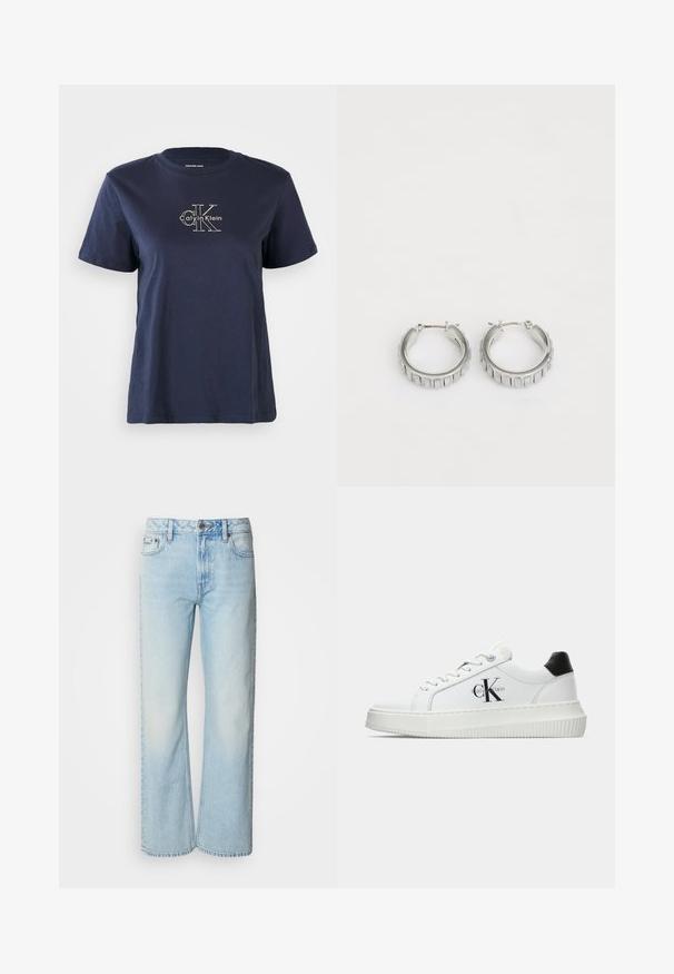 Tummansininen puuvillapaita lyhyillä hihoilla, jossa on pieni valkoinen "Calvin Klein" -logo keskellä etuosaa. Pyöreä pääntie, rento istuvuus.; Vaaleansiniset leveälahkeiset farkut, jotka on valmistettu denimistä. Niissä on klassinen viiden taskun muotoilu ja hienovarainen haalistunut tekstuuri. Denimikohtaa on näkyvissä.; Valkoiset matalat tennarit, joissa on musta kantapää, alustasolki, nauhat ja Calvin Kleinin "CK" logo sivuilla.; Hopeissa on tekstuuri, jossa on pystysuorat urat. Ympyrän muoto ja turvallinen lukko. Sileä pinta.