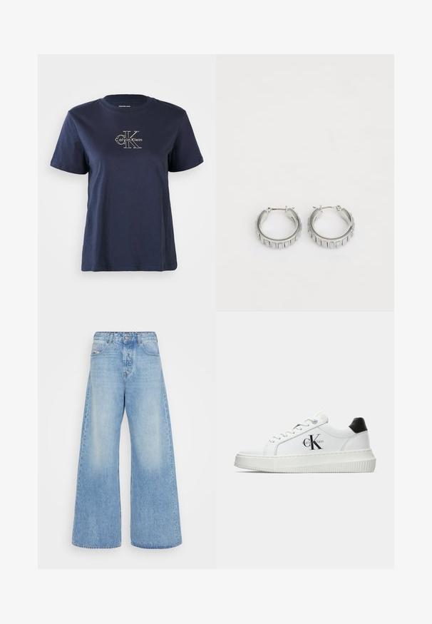 Jūras zila kokvilnas T-krekls ar īsām piedurknēm, centrā priekšā ar mazu baltu "Calvin Klein" logo. Apaļš izgriezums, brīvs piegriezums.; Gaiši zili plaša kvalitatīva džinsu bikses. Ņem vērā klasisko piecu kabatu dizainu, pogas aizdari un izbalējušas zonas, kas piešķir vintage izskatu.; Baltā zema topa sporta apavas ar melnu papēža cilni, platformas zoli, auklēm un Calvin Klein "CK" logo sānos.; Sudraba gredzena auskari ar faktūras dizainu, kas ietver vertikālas rievas. Apaļa forma ar drošu aizdari. Gluda apdare.